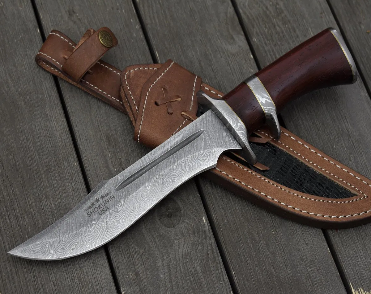 Tide Damascus Bowie Knife with Exotic Red Heart Wood Handle & Sheath