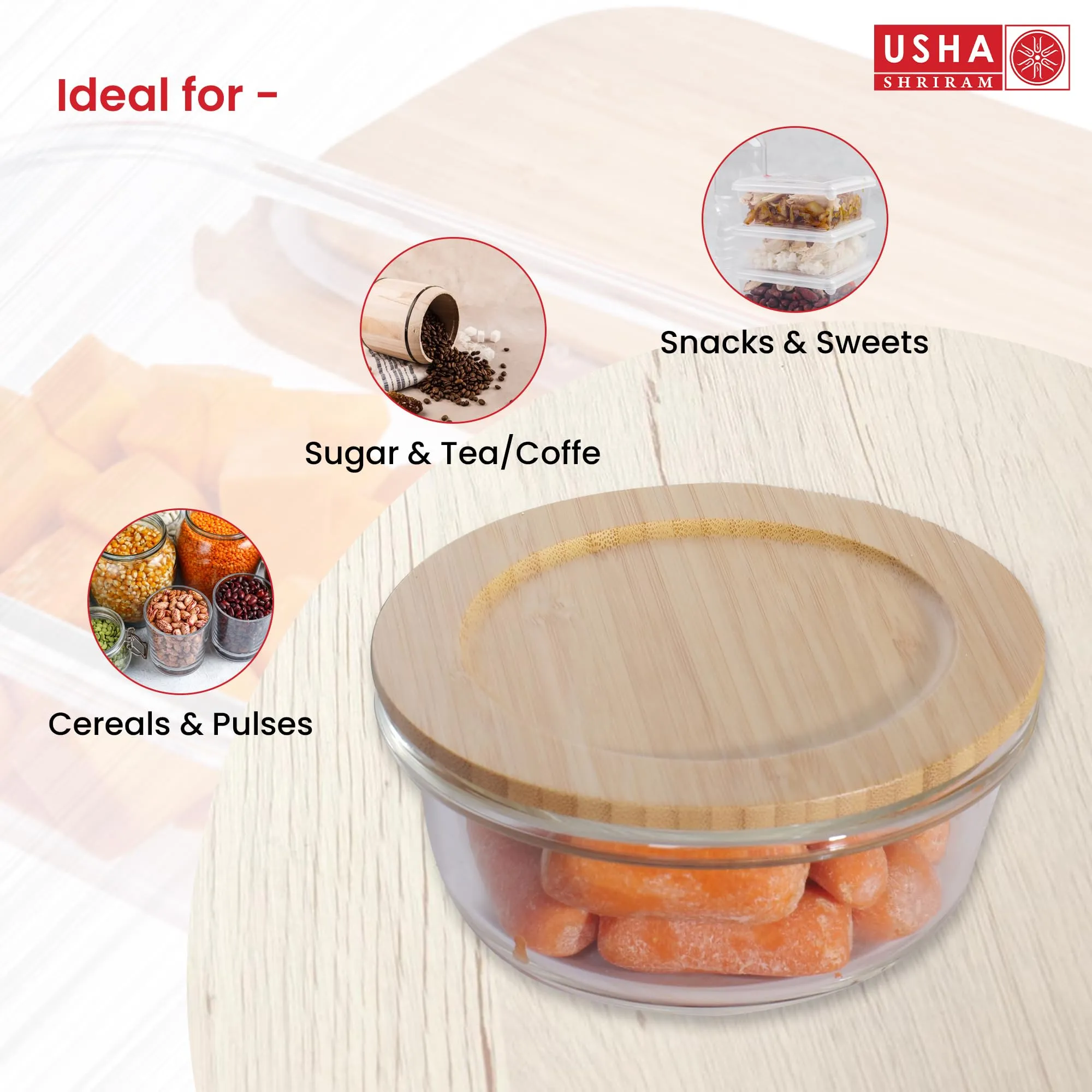 USHA SHRIRAM Borosilicate Baking Tray With Bamboo Lid (3Pcs)| Baking Dish For Microwave Oven | Microwave Oven Safe Baking Pan | Bake & Serve Dish | Square Loaf Baking Dish (Circular)