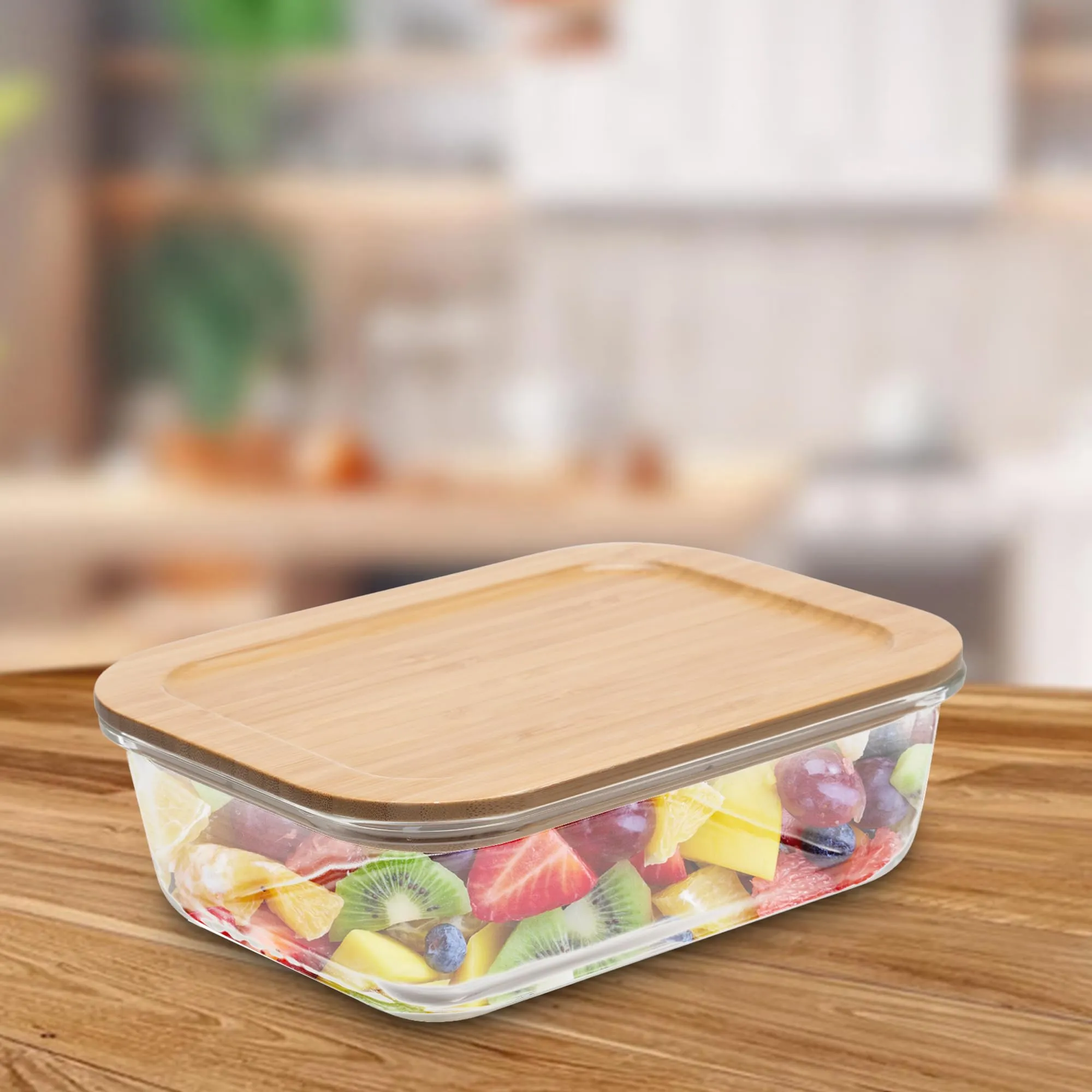 USHA SHRIRAM Borosilicate Food Container Bamboo lid (2Pcs - 1.05L each) | Baking Tray | Borsilicate Glass Container For Kitchen Storage | Microwave Safe | Glass Container With Wooden Airtight Lid