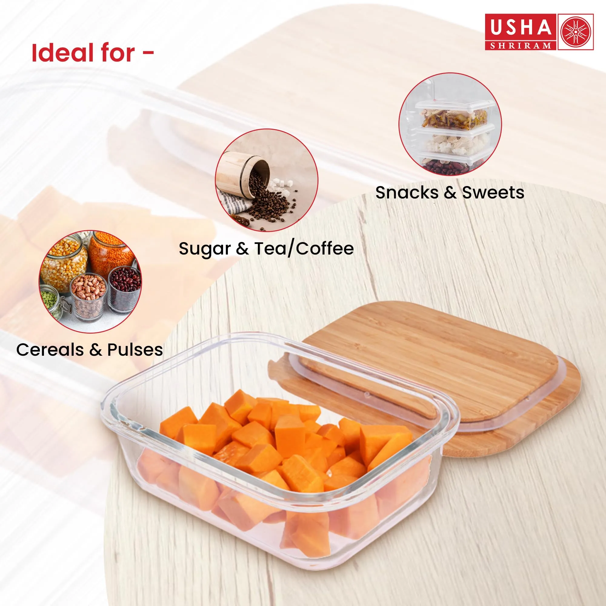 USHA SHRIRAM Borosilicate Food Container Bamboo lid (2Pcs - 1.05L each) | Baking Tray | Borsilicate Glass Container For Kitchen Storage | Microwave Safe | Glass Container With Wooden Airtight Lid