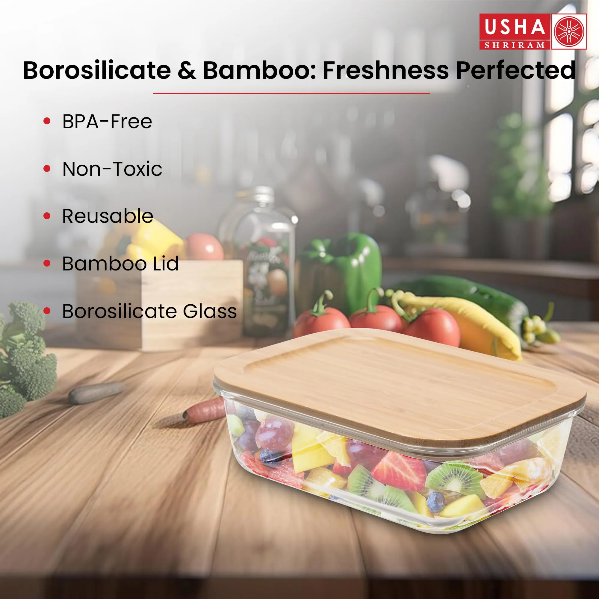 USHA SHRIRAM Borosilicate Food Container Bamboo lid (2Pcs - 1.05L each) | Baking Tray | Borsilicate Glass Container For Kitchen Storage | Microwave Safe | Glass Container With Wooden Airtight Lid