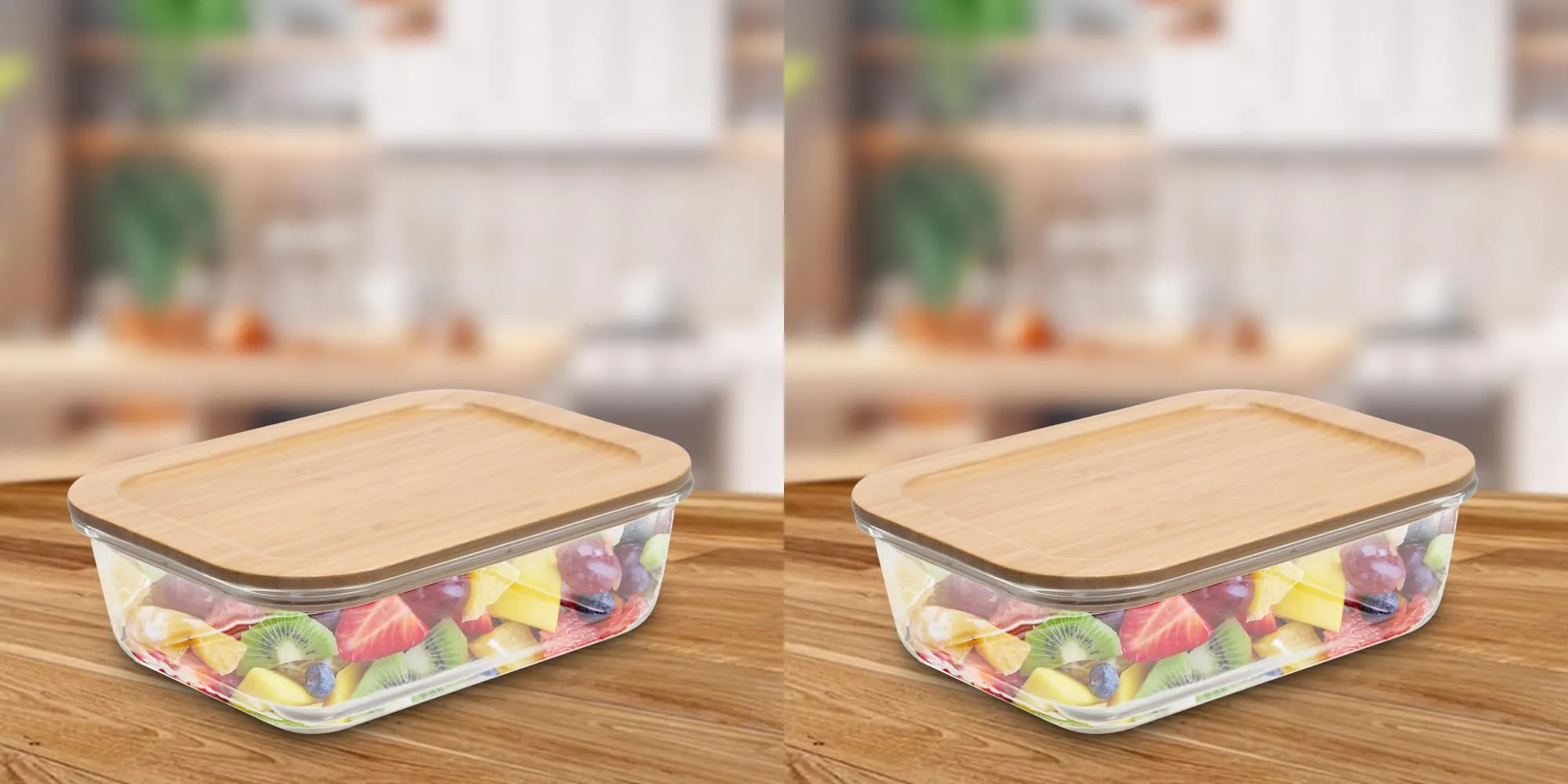 USHA SHRIRAM Borosilicate Food Container Bamboo lid (2Pcs - 1.05L each) | Baking Tray | Borsilicate Glass Container For Kitchen Storage | Microwave Safe | Glass Container With Wooden Airtight Lid