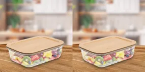 USHA SHRIRAM Borosilicate Food Container Bamboo lid (2Pcs - 1.05L each) | Baking Tray | Borsilicate Glass Container For Kitchen Storage | Microwave Safe | Glass Container With Wooden Airtight Lid