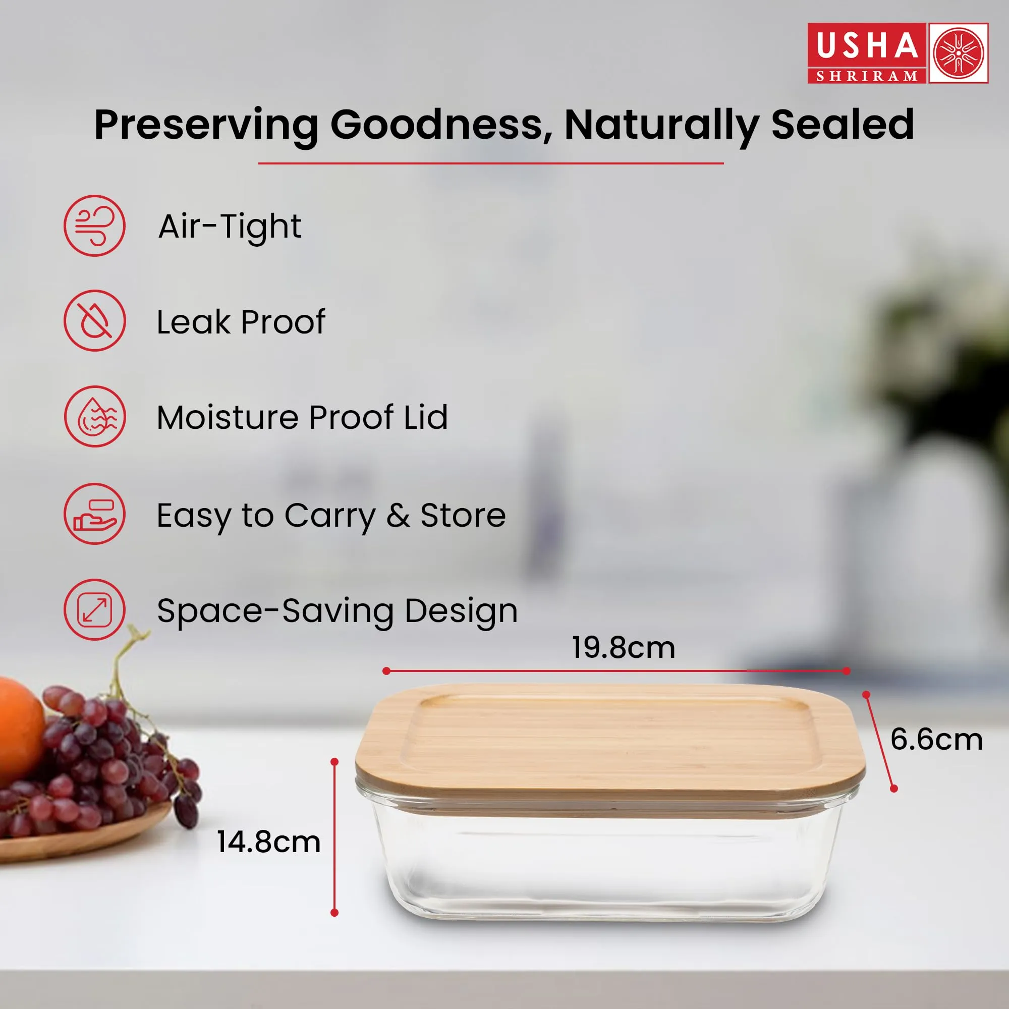 USHA SHRIRAM Borosilicate Food Container Bamboo lid (2Pcs - 1.05L each) | Baking Tray | Borsilicate Glass Container For Kitchen Storage | Microwave Safe | Glass Container With Wooden Airtight Lid