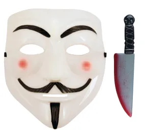 V for Vendetta Face Mask with Fake Plastic Blooded Knife Weapon Halloween Horror Fancy Dress Set