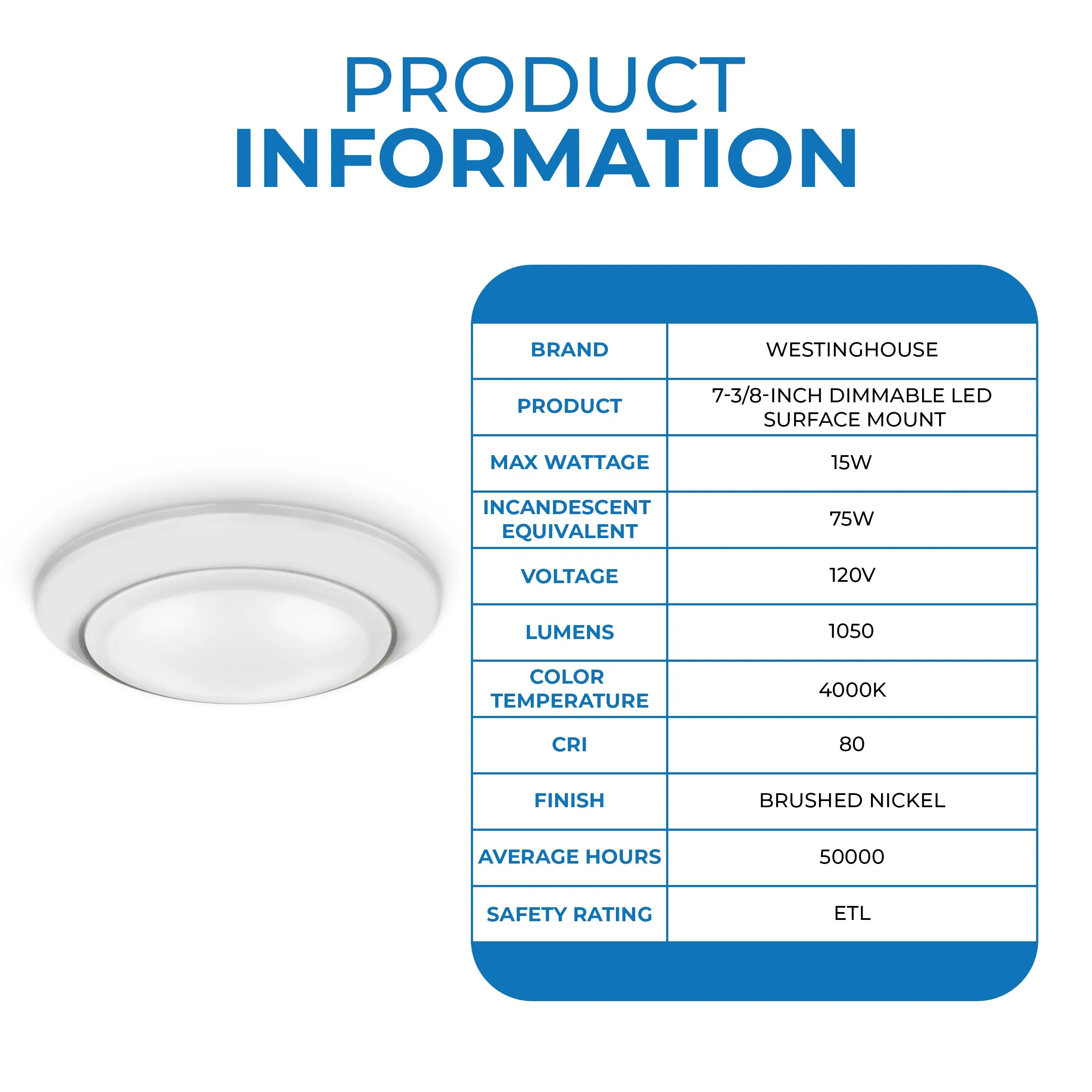 Westinghouse 6323100 Large LED Surface Mount Brushed Nickel Finish with Frosted Lens - Dimmable