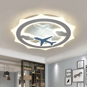 White LED Ceiling Flush Light for Kids with Cloud and Airplane Pattern - Sun Thin Acrylic Recessed Lighting