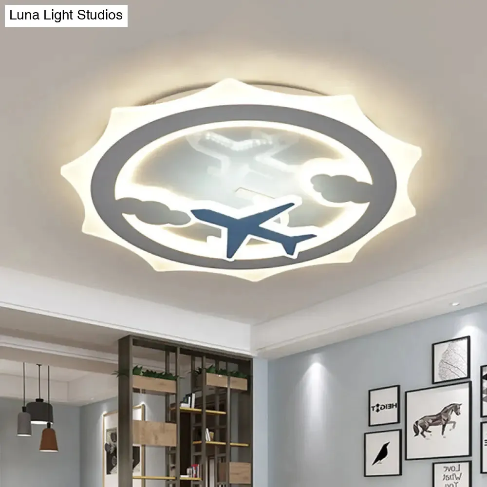 White LED Ceiling Flush Light for Kids with Cloud and Airplane Pattern - Sun Thin Acrylic Recessed Lighting